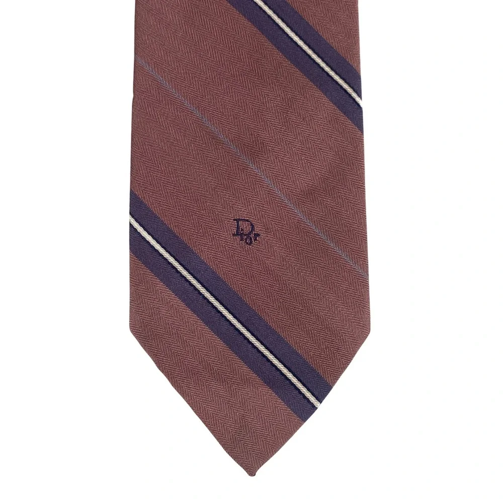 Christian Dior Mens Tie Dark Salmon Brown Striped Silk Designer Logo 55x3